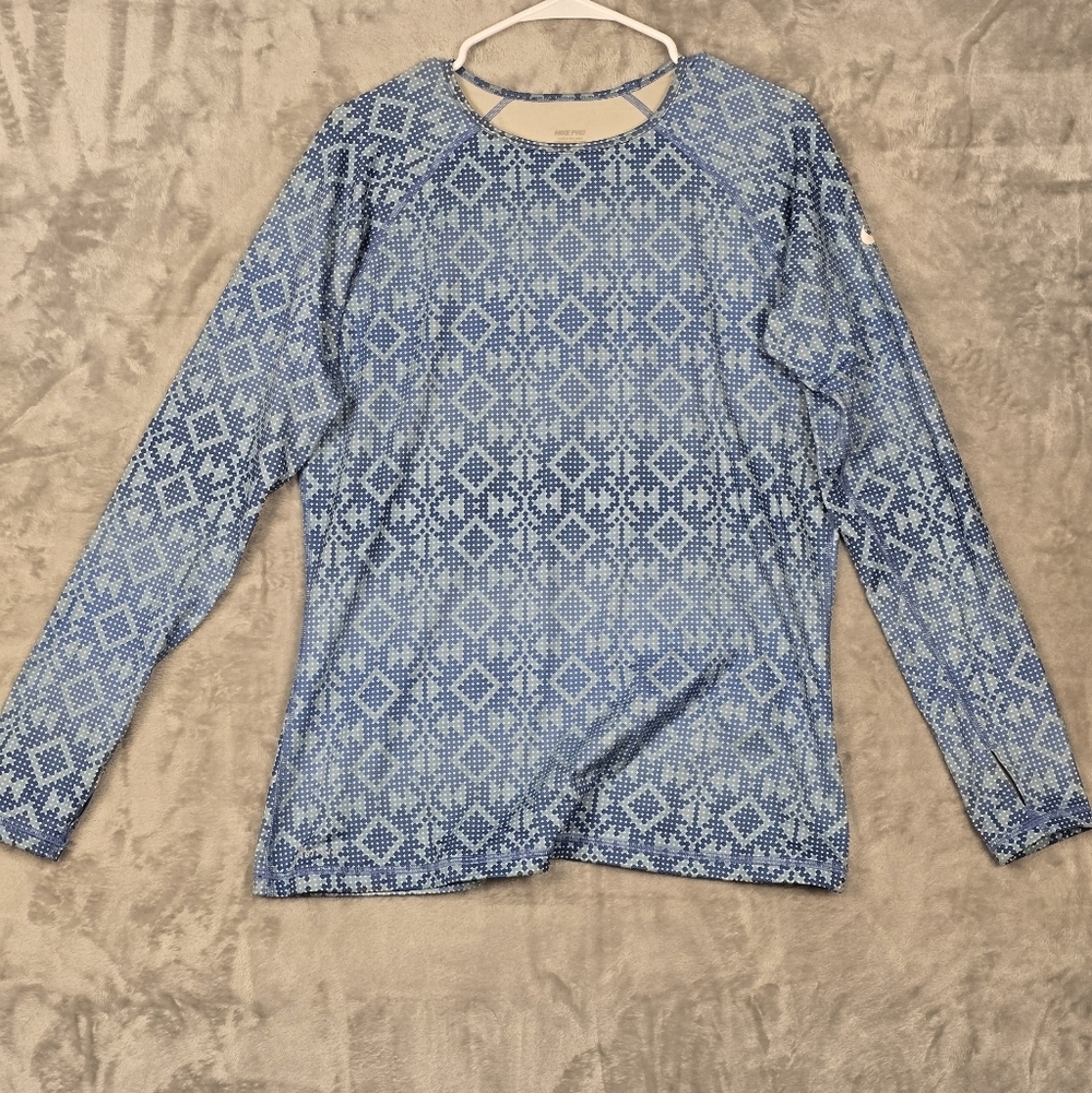 Nike Pro Shirt Womens Blue Aztec Rash Guard Compression Shirt Running Training